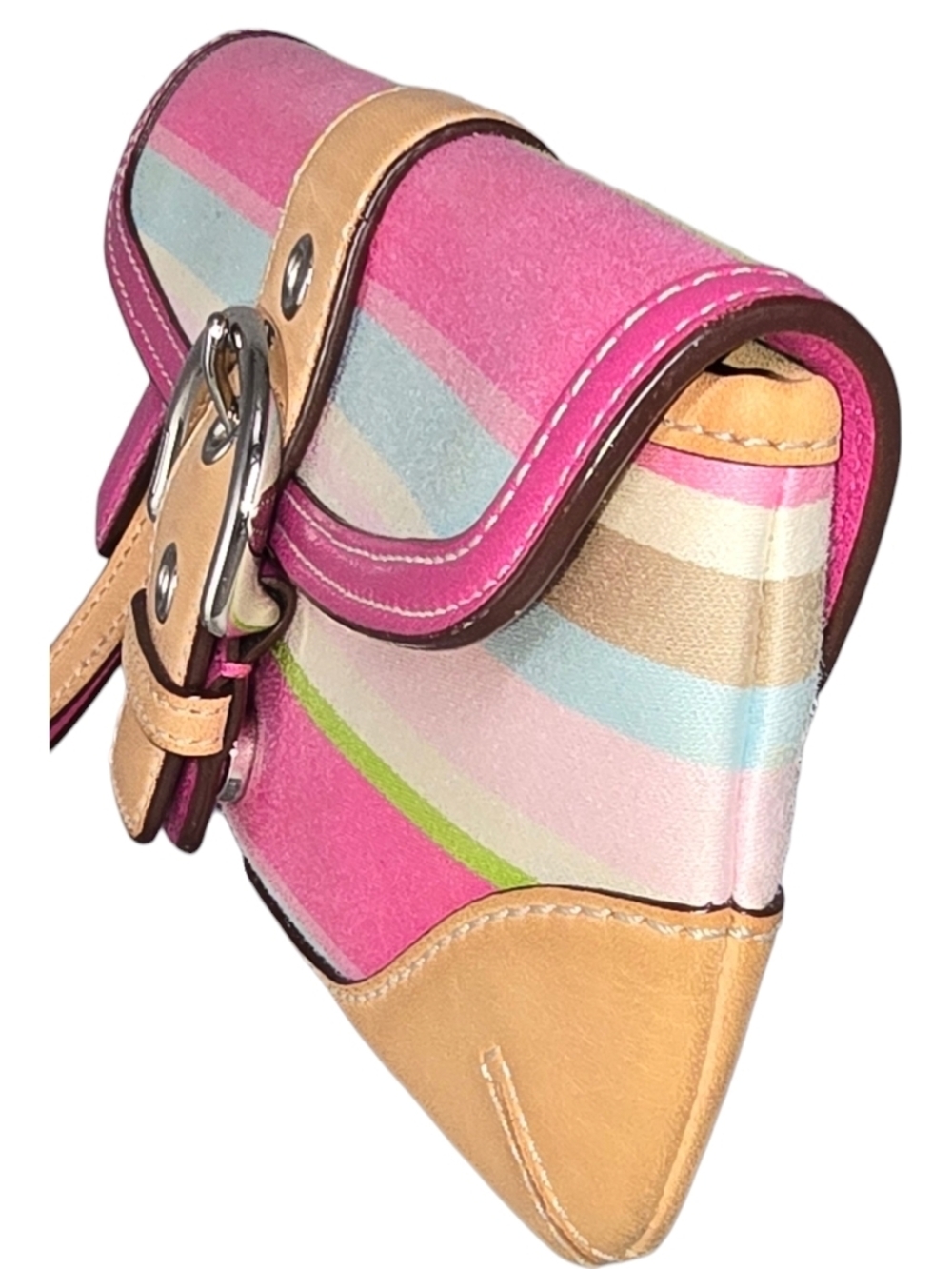 Coach Pink, Tan & Lime Stripe Wristlet Clutch - Picture 2 of 14
